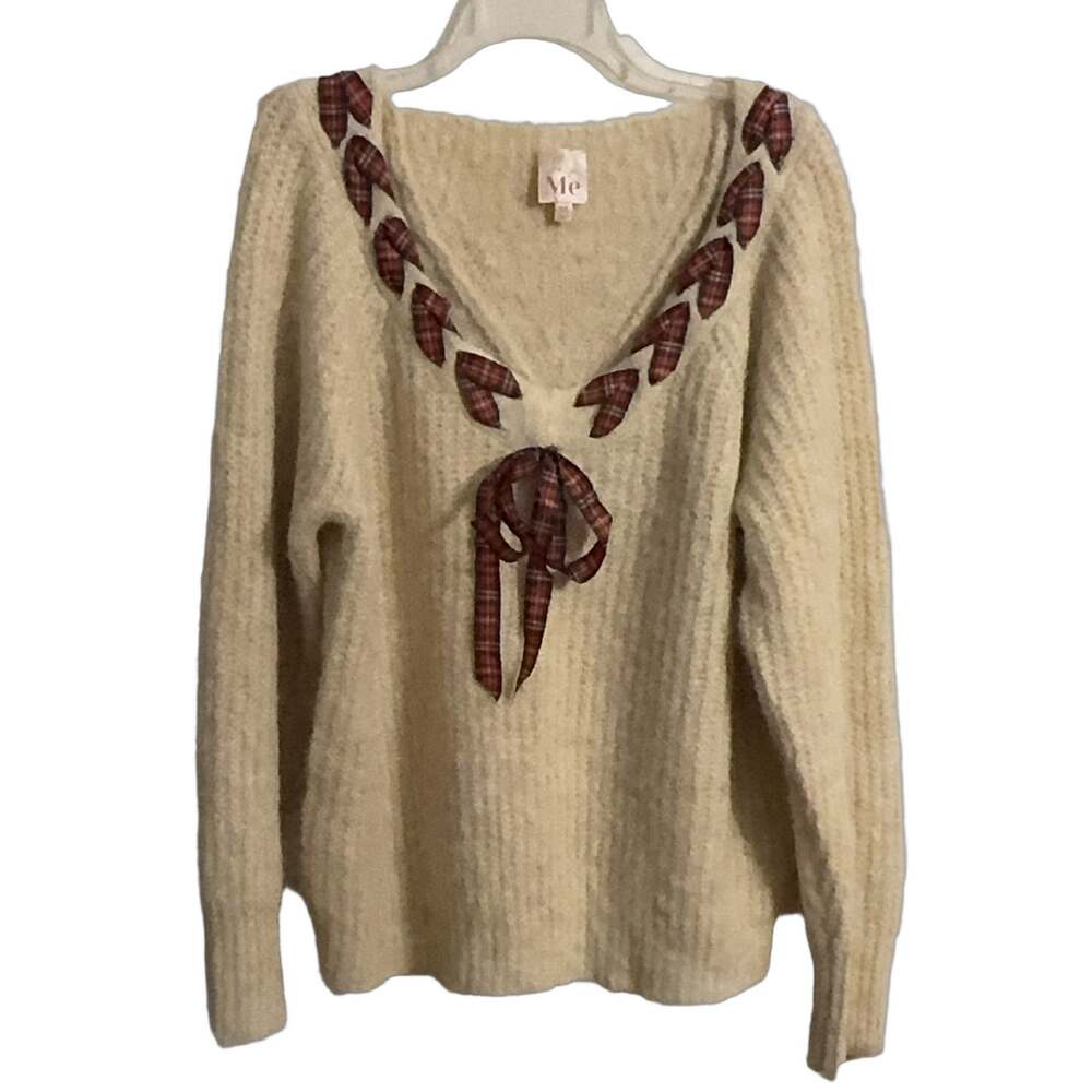 So Me XL V-Neck Pullover Sweater Beige Chunky Knit Long Sleeve Holiday Old Money